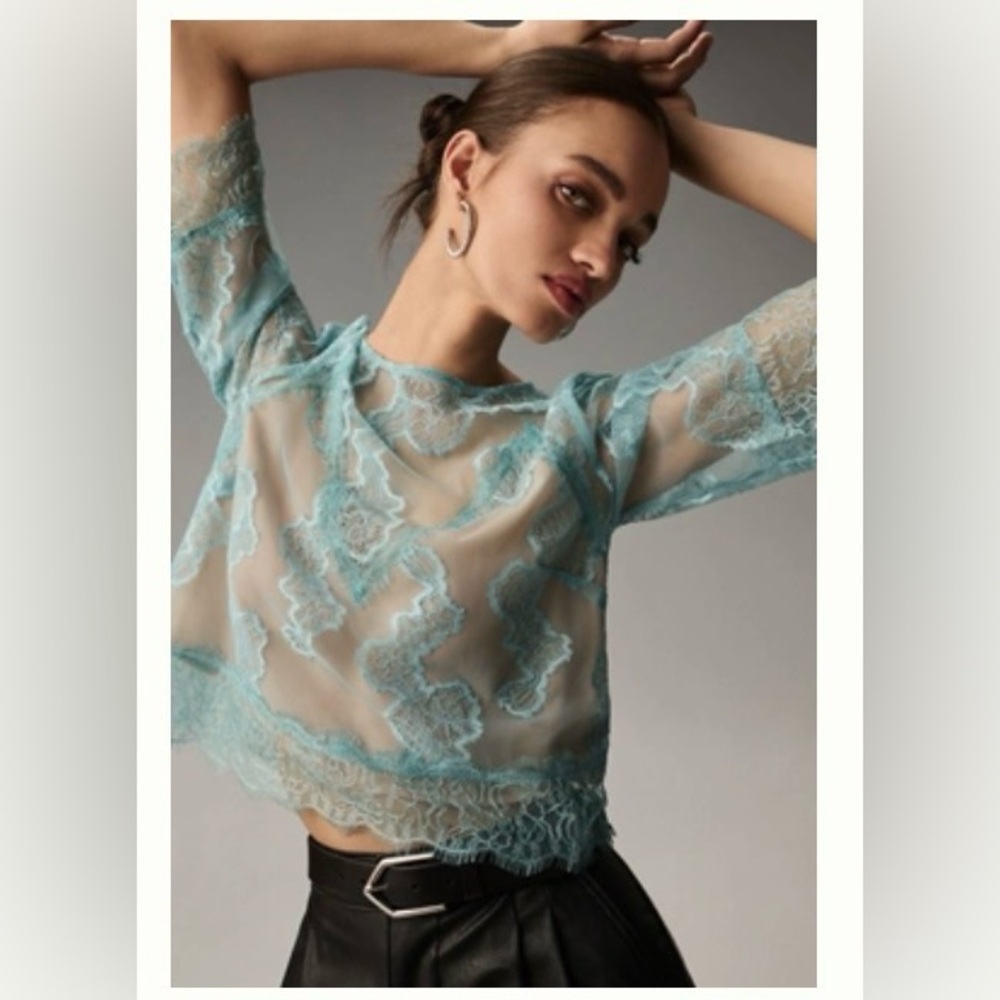 Turquoise By Anthropologie lace illusion top, size M EUC